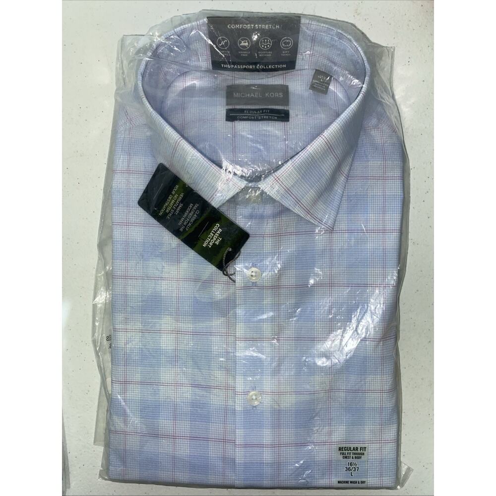 Michael Kors Mens Dress Shirt Size Large 16.5 36/37 Blue Plaid Long Sleeve NEW